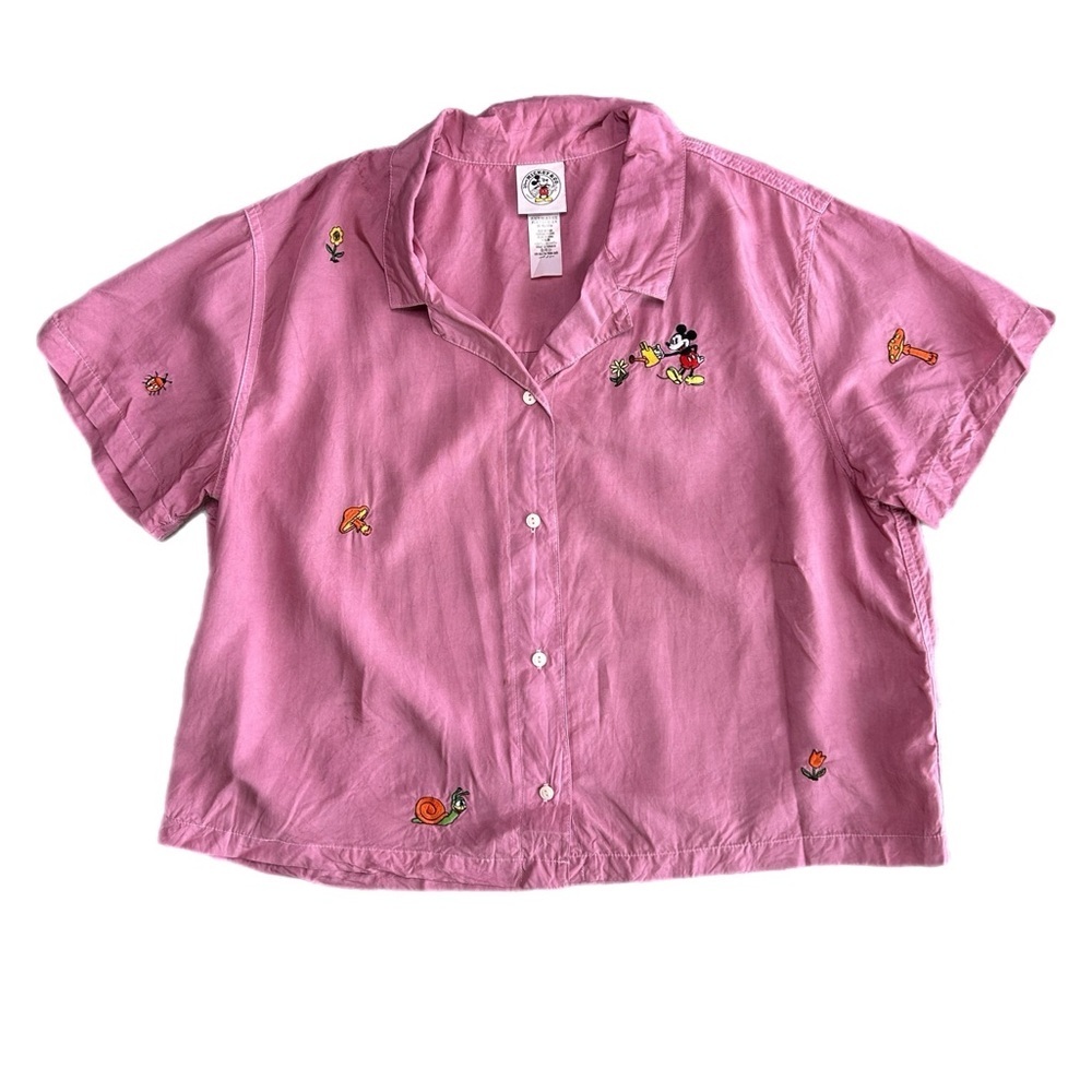 Disney Pink Short-Sleeve Button-Down Shirt with Embroidered Mickey & Motifs